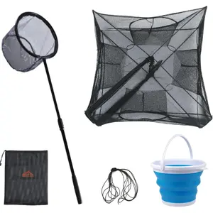 Fishing   Collapsible Fish Bucket  Net Lightweight  Pole Non-Slip Handle Catch Small Fish Crab Crawfish Cage Casting Net Dip Cage 4 Hole Fishing Accessories