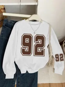 Women's Drop Shoulder Sweatshirt, Number 92 Print, Comfortable Long Sleeve Round Neck Pullover, Fall & Winter Fashion Casual Outerwear