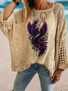 Spring and summer round neck diamond hollow batwing sleeve knitted cardigan, loose drop shoulder, figure-flattering with floral print, bikini cover-up, versatile for commuting and vacation.