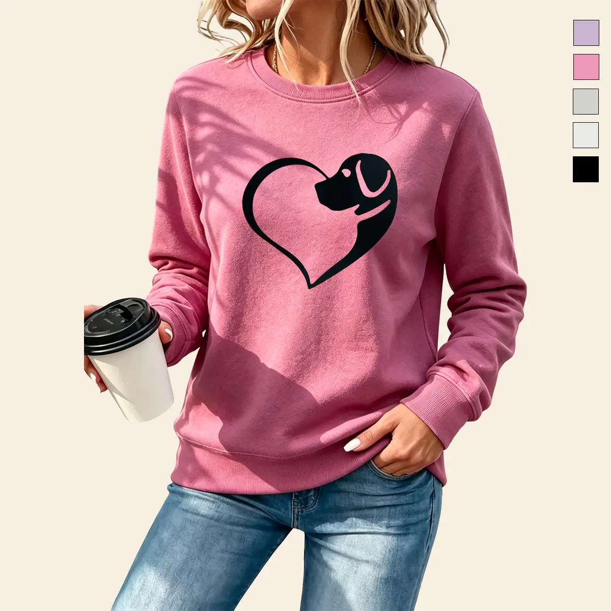 Women’s pullover hoodie with a cute heart dog pattern, made from a soft fleece blend fabric, featuring an adjustable drawstring hood and a kangaroo pocket at the front.Loose, casual fit that’s warm and comfortable—ideal for shopping, city walks, travel, a