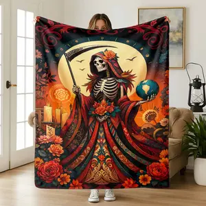 Santa Muerte Flannel Blanket, Day of the Dead Art Print Pattern, Soft Cozy Lightweight Warm, Suitable for Halloween Decor, Home Decor, Living Room, Bedroom, Sofa, Travel, Perfect Gift for Birthday, Anniversary, or Thanksgiving Day.