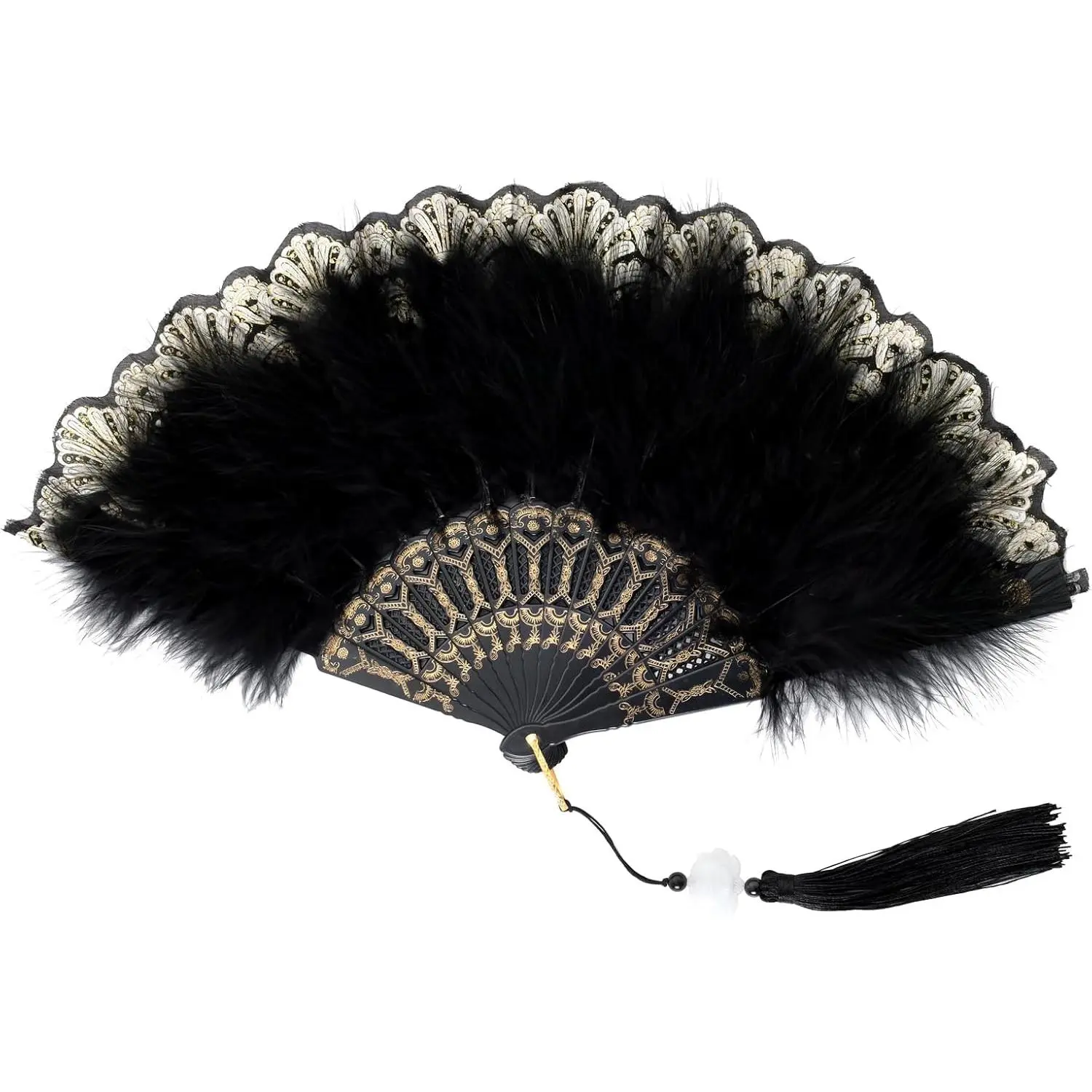 Foldable Feather Fan Embroidered Flower Handheld Chinese Folding Fans 1920s Feather Fan Flapper Hand Fan for Costume Party Wedding Dancing Decoration (Black)