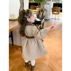 Elegant Girls' Lightweight -Trimmed Quilted Trench Coat with Double-Breasted Buttons, Belted Waist & Side Pockets - Beige & Brown, Perfect for Fall/Winter, Chic Fall Outerwear |   Belted Waist Jacket |   Polyester Fiber Coat, Clothes for Girls