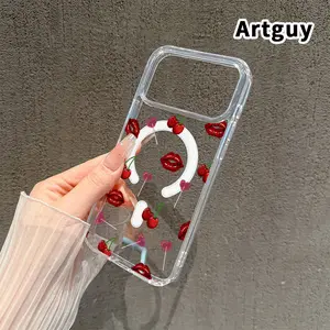 Magnetic Soft Case for iPhone 17 16  Pro Max Plus 15 14 13 12 11 Air E Cherry Kisses Pattern Anti-Yellowing Shockproof ultra-thin Silicone Crystal Transparent Acrylic Large Hole Cover Supports Wireless Charging