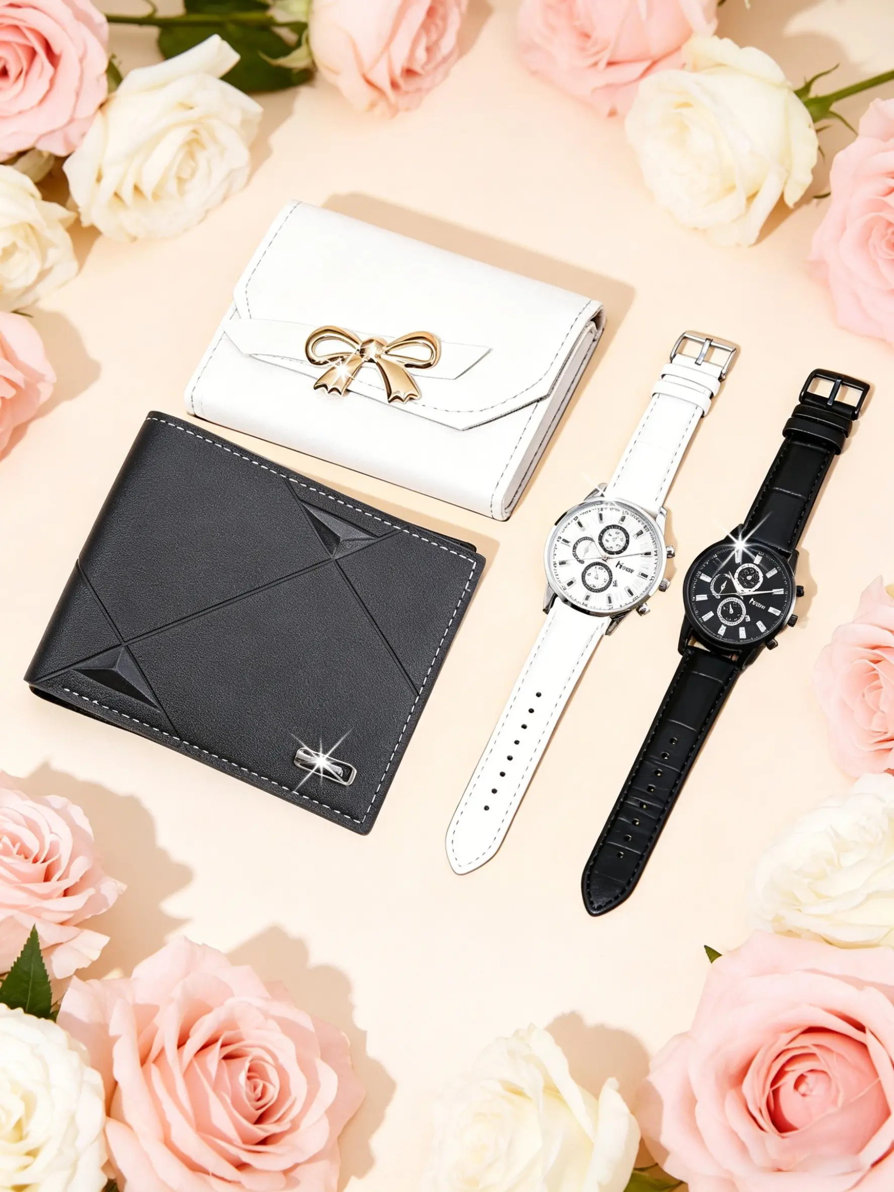 4pcs Fashionable Couple Watches Set, Analog Quartz Watch + Stylish Wallet, Perfect Gift for Him, Valentine's Day, Christmas, Thanksgiving