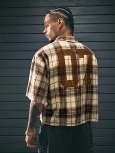 2026 Spring/Summer New Short Plaid Shirt with Number Pattern Buttons, Short Sleeve Retro College Style Crop Top, Unisex