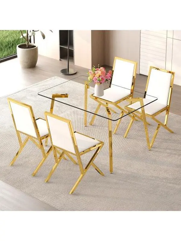 Table and chair set.51 × 31.5-inch tempered glass dining table, paired with a set of 4  PU dining chairs. Modern light luxury home restaurant table and chair combination.
