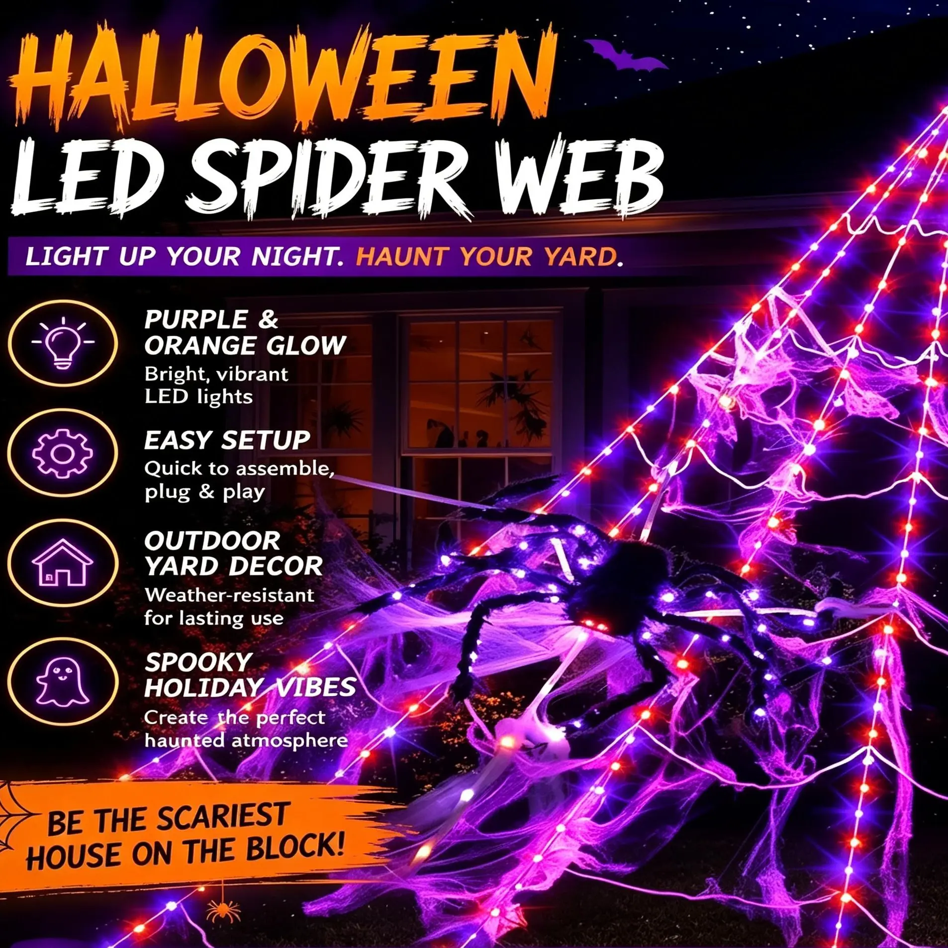 16.4Ft 250 LEDs Giant Halloween Spider Web Lights with 2.46FT Light Up Big Spider, Violet or Violet & Orange Optional, Outdoor Yard Haunted House Decor
