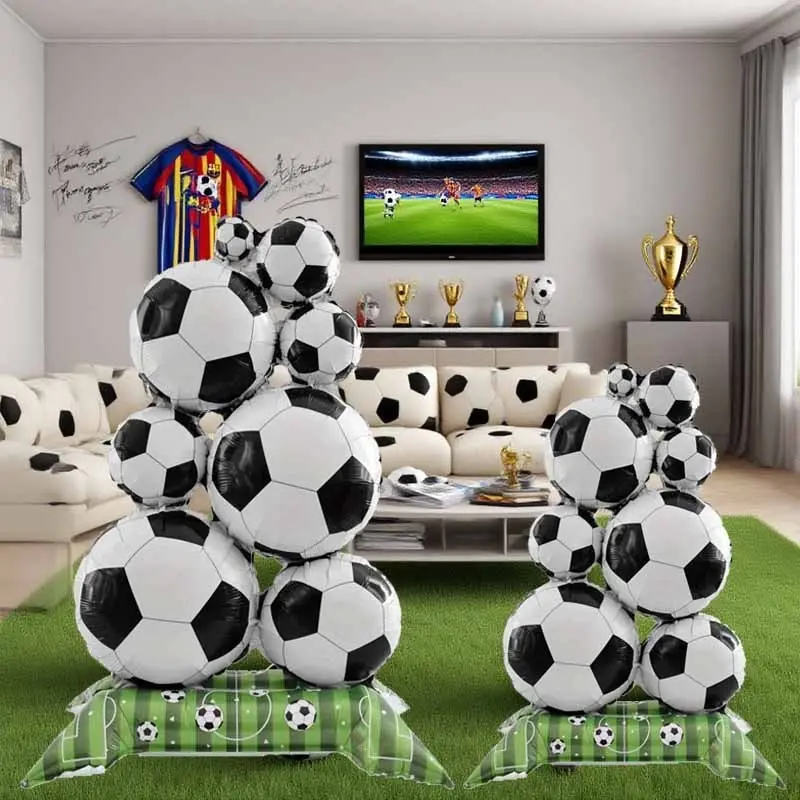2pcs Large + Medium Standing Shiny Football Balloons, Aluminum Foil, Soccer Theme Home Decor, Props, Indoor Decoration Atmosphere Creator, Party Decorations