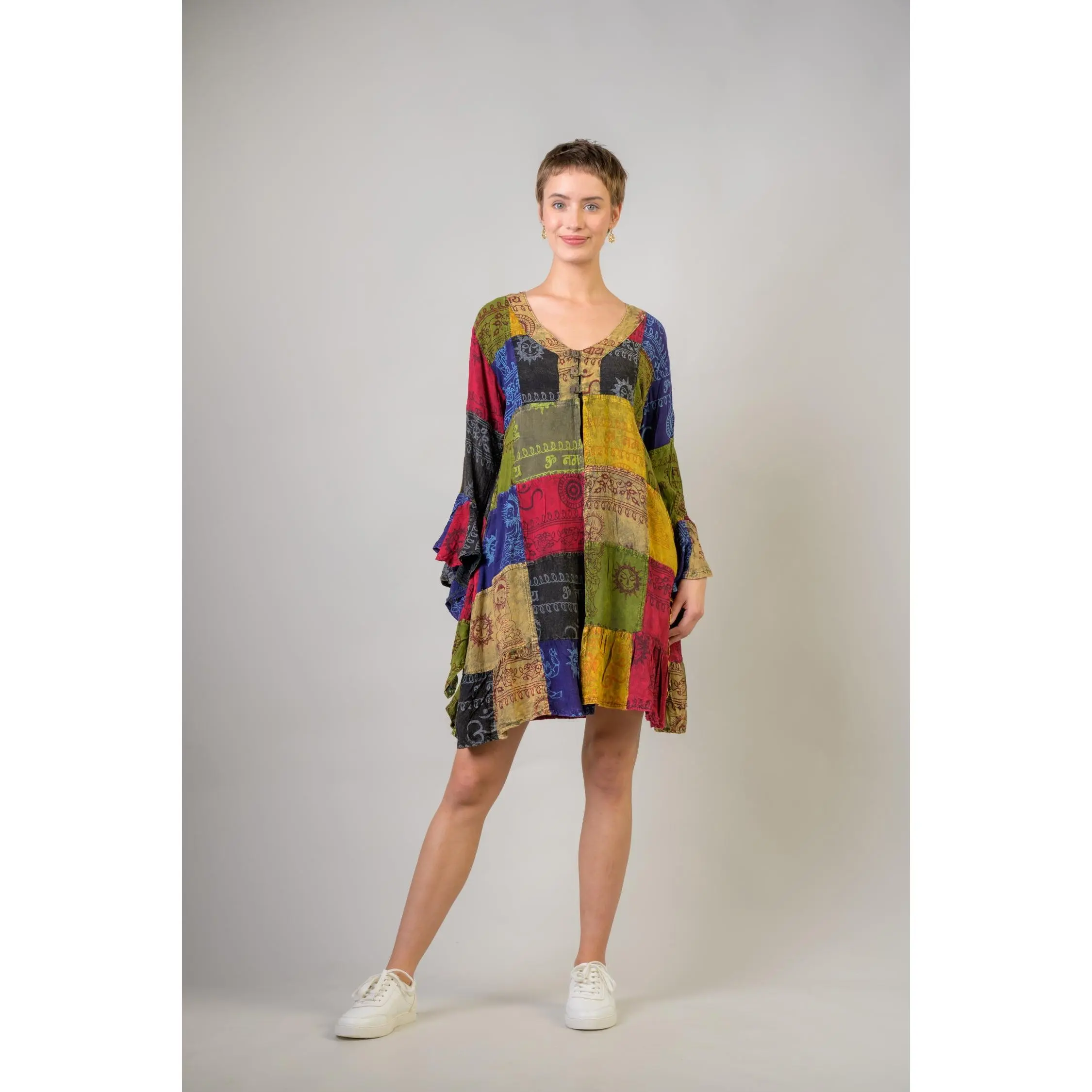 Rhea Om Print Pied Pattern Bell Sleeve Tunic