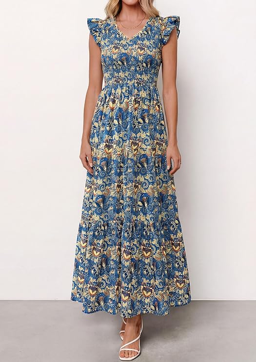 PrettyGarden Women's Cotton Boho Floral Maxi Dress Summer Smocked V Neck Ruffle Sleeve Spring Flowy Beach Vacation Sundresses PrettyGarden Women's Cotton Boho Floral Maxi Dress Summer Smocked V Neck Ruffle Sleeve Spring Flowy Beach Vacation Sundresses