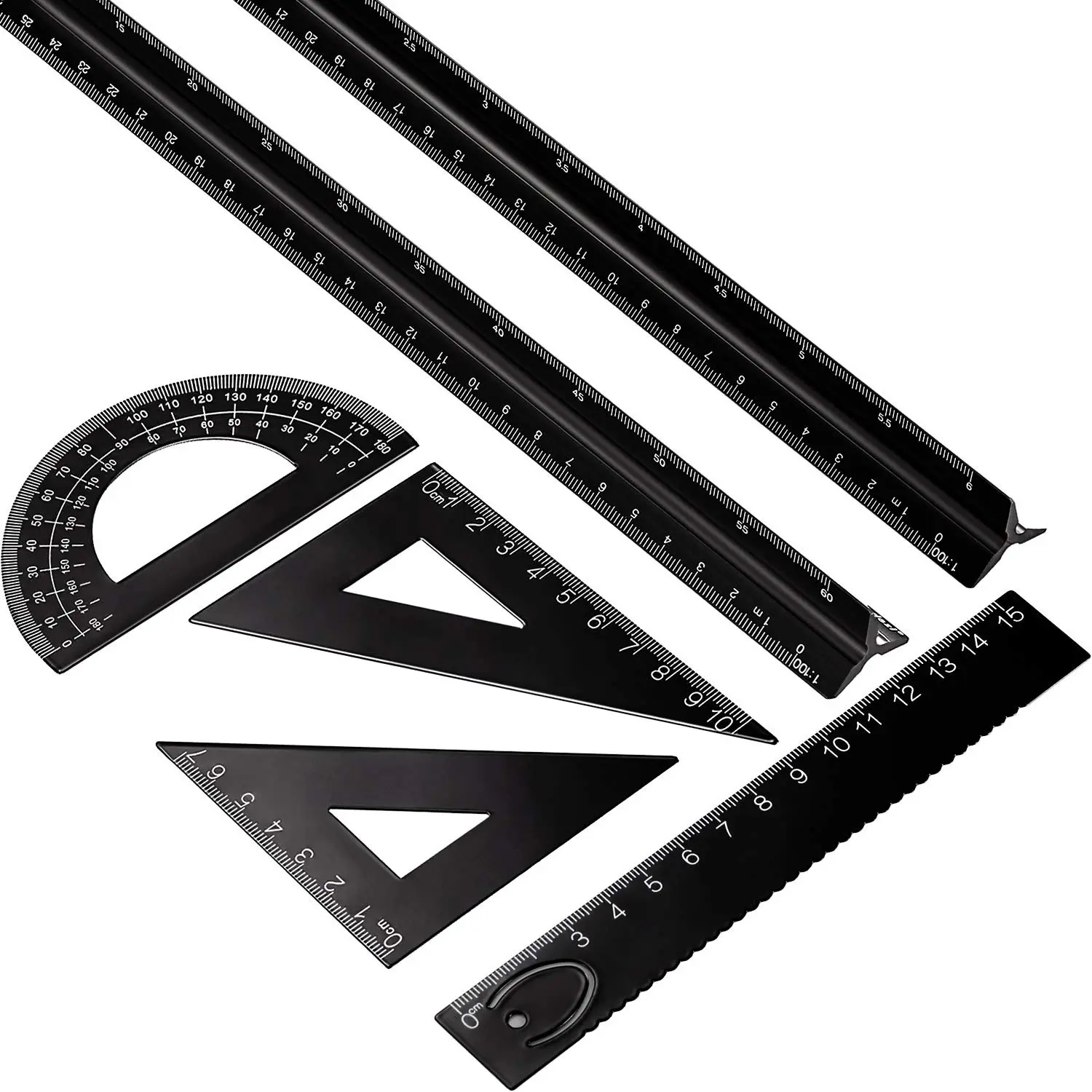 6-Count Drafting Tools Set - 12 in (30 cm) Triangular Ruler, Lightweight Metal Protractor, High Contrast Etched Markings, 45/90 in Metric Office Measuring Supplies for Students, Architects (Black)