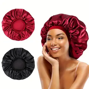 New Women Oversized Silky Hair Soft Elegant Bonnet Solid Color Satin Bonnet Sleeping Night Cap Elastic Shower Bath Hats Black