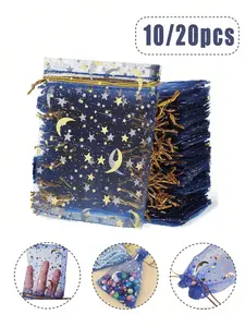 Deep Blue Embossed Star Moon Transparent Mesh Bag, Ramadan Gift Bag, Wedding Candy Bag, Party Favor Bag, Elegance Organizational Solution