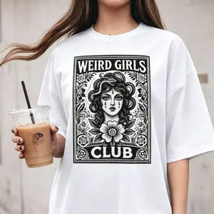 Weird Girls Club Shirt • Whimsy Goth Graphic Tee • Retro Alt Girl T-Shirt • Weirdcore Witch Aesthetic Clothing,Black-Hoodie-front Black-Sweatshirt-front,More Color Options (Coffee, Red, Green, Blue, Purple) Casual Round Neck