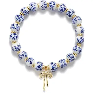 Bow Charm Bracelet for Women Flower Vintage Bracelet Handmade Stretch Beaded Dainty Romantic Jewelry Gifts