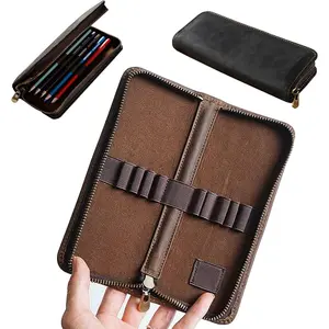 Leather Pencil Case Organizer, 10 Wooden Pencils Portable Pen Case Storage for Drawing Pencils and Markers (black)