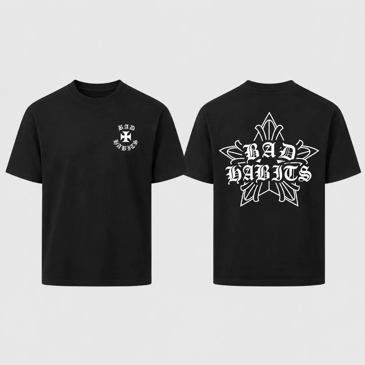 Bad Habits Gothic Graphic Shirt, Old English Cross Back Print Tee, Two Sided Y2K Streetwear T-Shirt