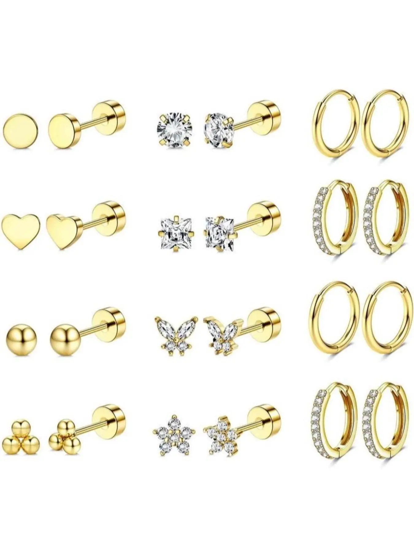 12 Pairs Backless Earrings for Men and Women, Low Allergy Surgical Steel, Soft Cartilage Trauma Spiral Piercing, Casual Wave Print Jewelry Set
