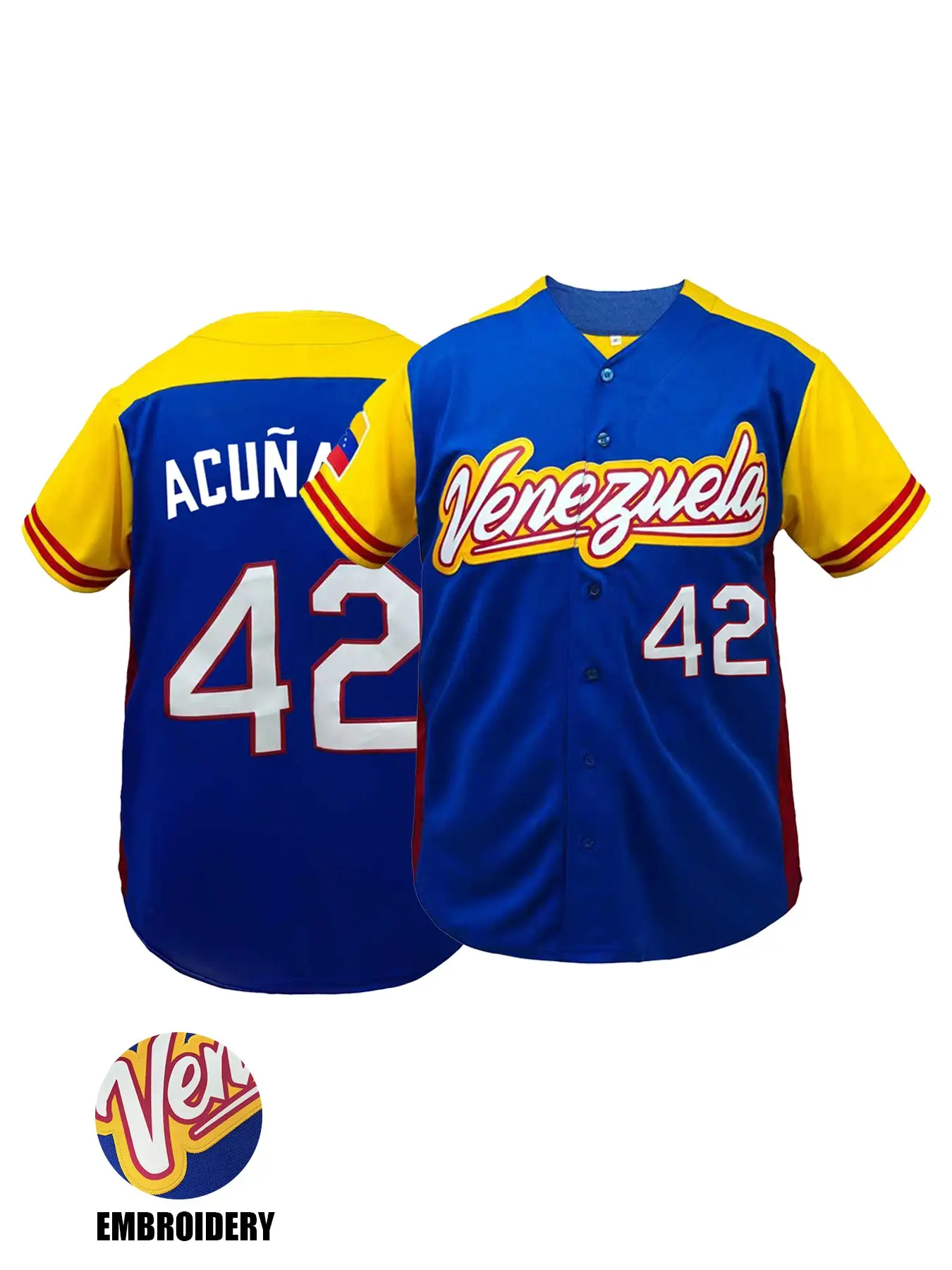 High Quality "Venezuela 42" Stitched Baseball Jersey,Loose Short Sleeve Comfortable Sportswear Breathable Baseball Shirt,Perfect for Outdoor Sports, Casual Wear, Unisex All Seasons, Sports Top, Outdoor Apparel, Sports Clothing, Athletic Tops