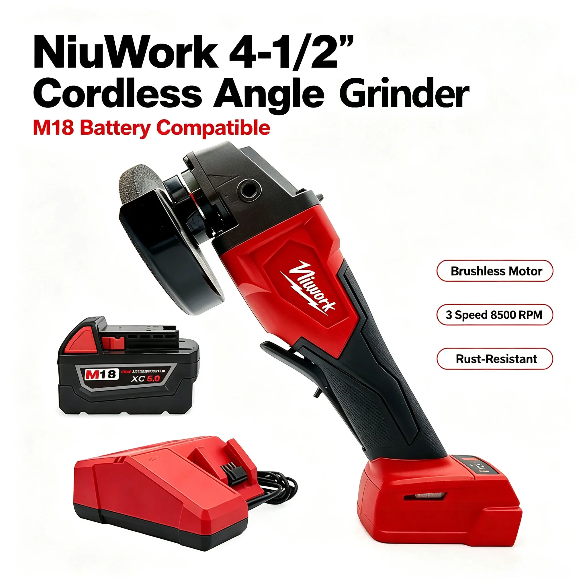 NiuWork Cordless 4-1/2 Inch Angle Grinder, Compatible with M18 Batteries, Power Tool for Metal Cutting, Grinding & Polishing toolupgrade Angle Grinding Machine Rechargeable Grinding Tool