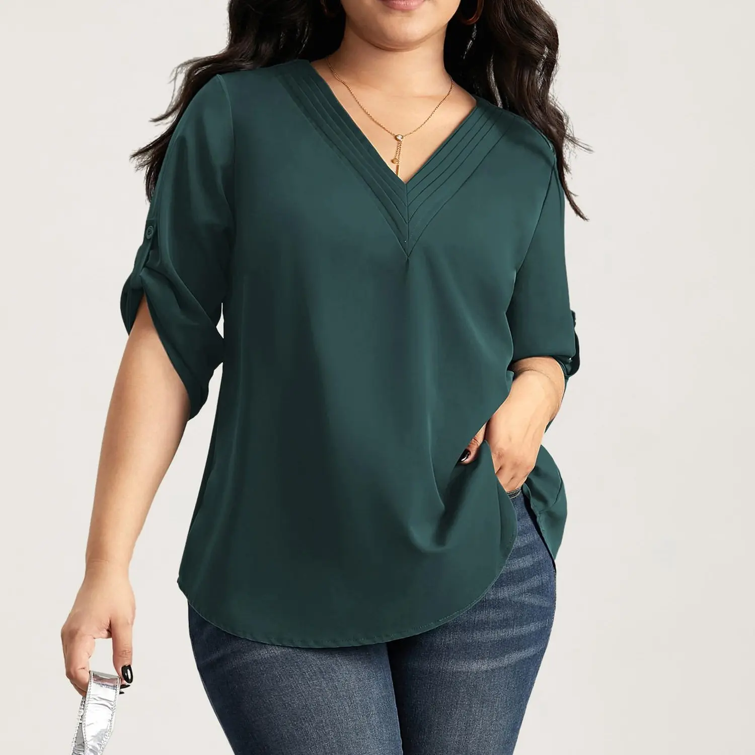 BloomChic V Neck Plain Pleated Tab Sleeve Blouse 【M-6XL】