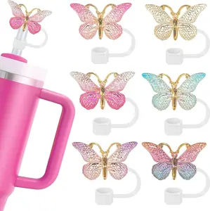 6 Pcs Butterfly Straw Topper for Stanley Cup Glitter Silicone Straw Covers Cap Reusable Tumbler Accessories Hikkcos