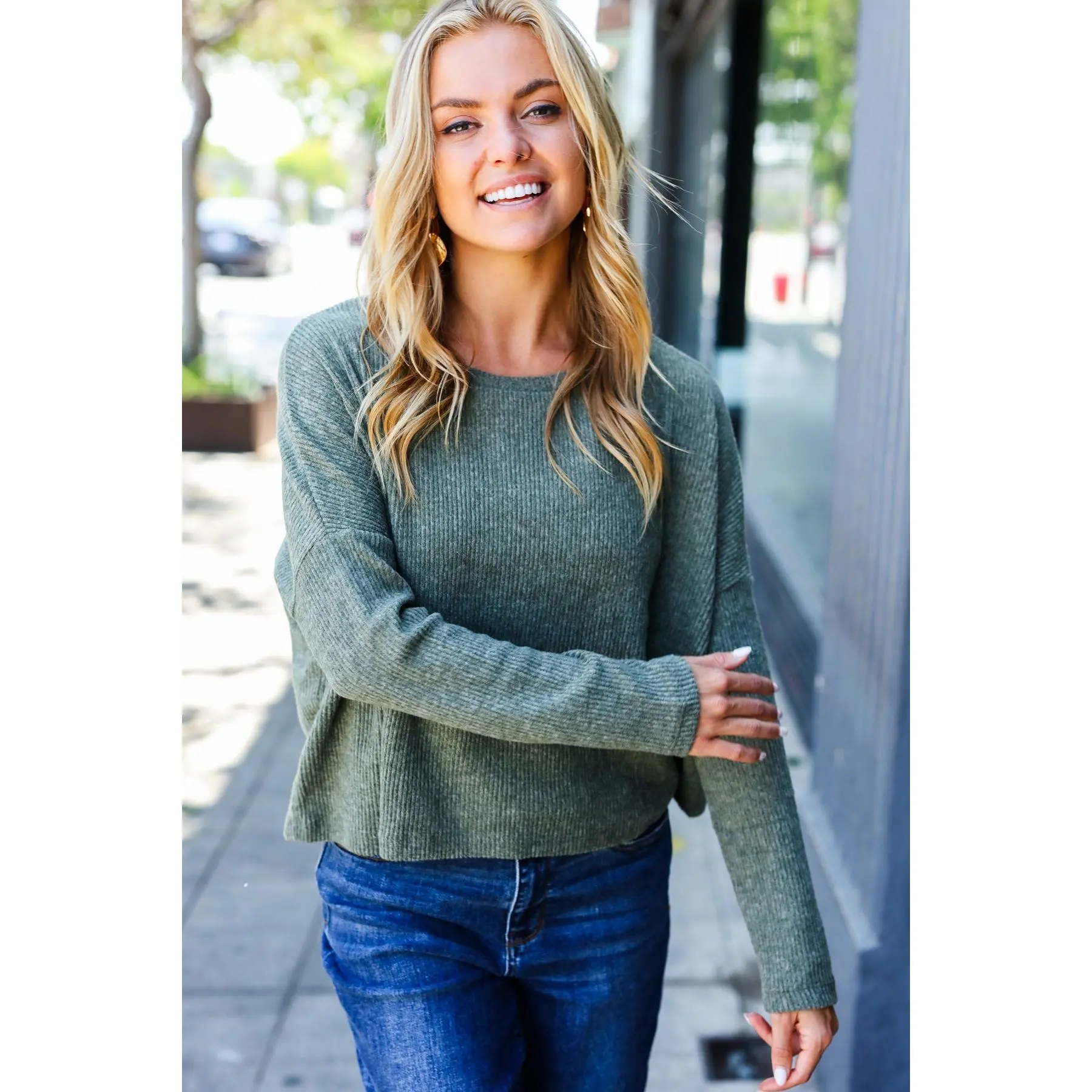 Olive Ribbed Dolman Cropped Sweater