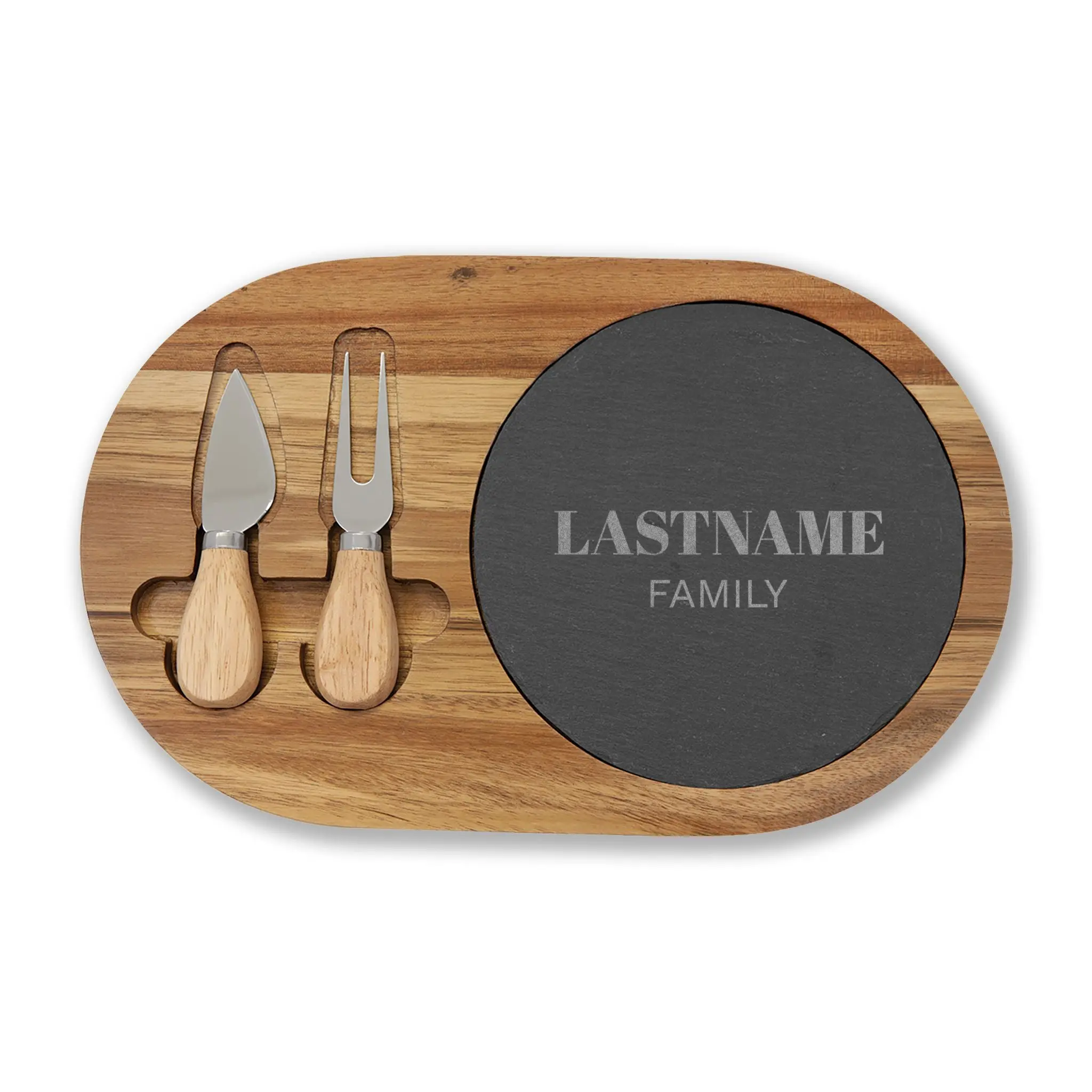 Personalized Engraved Charcuterie Board with Slate Insert — Custom Last Name Family Cheese Serving Set