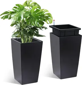 16 in Tall Planters Set of 2, Outdoor＆Indoor Black Planter Pots, High Front Porch Planter Pots with Drainage Holes＆Water Level Monitor＆Inner Bucket, Automatic Watering