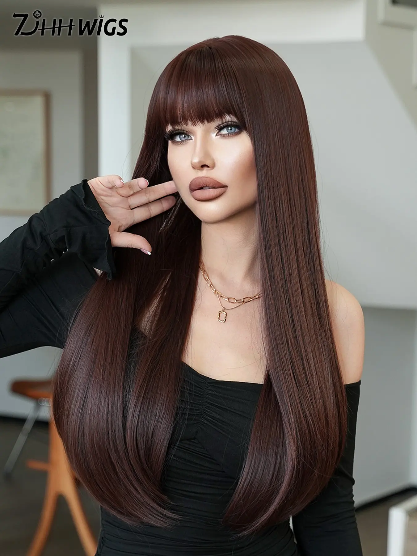 28 Inch Long Mocha Brown Straight Wigs for Women, Gorgeous Fluffy Wigs with Bangs, Synthetic Full Machine Wigs for Party, Daily Use, Synthetic Soft Wigs, Long Hair Wig