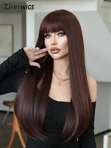 28-Inch Long Mocha Brown Straight Wigs for Women, Gorgeous Fluffy Wigs with Bangs, Synthetic Full-Machine Wigs for Party, Synthetic Fiber Wig