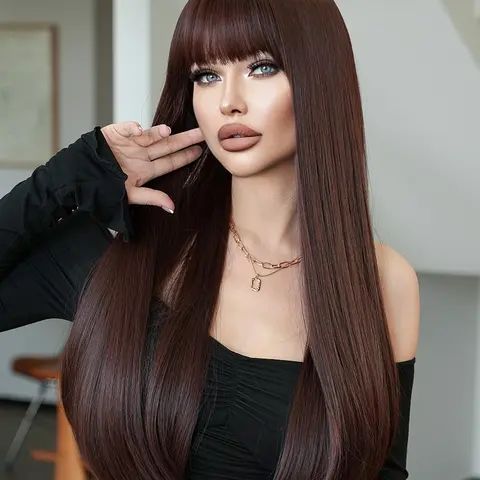 28 Inch Long Mocha Brown Straight Wigs for Women, Gorgeous Fashion Fluffy Wigs with Bangs, Synthetic Full Machine Wigs for Party, Daily Use, Synthetic Soft Wigs, Long Hair Wig