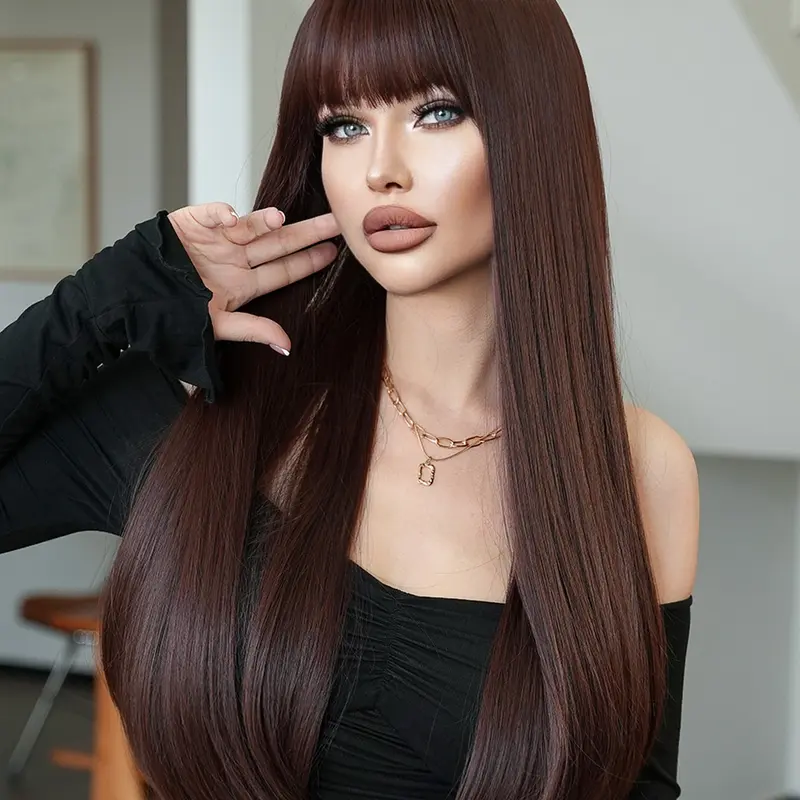 28 Inch Long Mocha Brown Straight Wigs for Women, Gorgeous Fashion Fluffy Wigs with Bangs, Synthetic Full Machine Wigs for Party, Daily Use, Synthetic Soft Wigs, Long Hair Wig