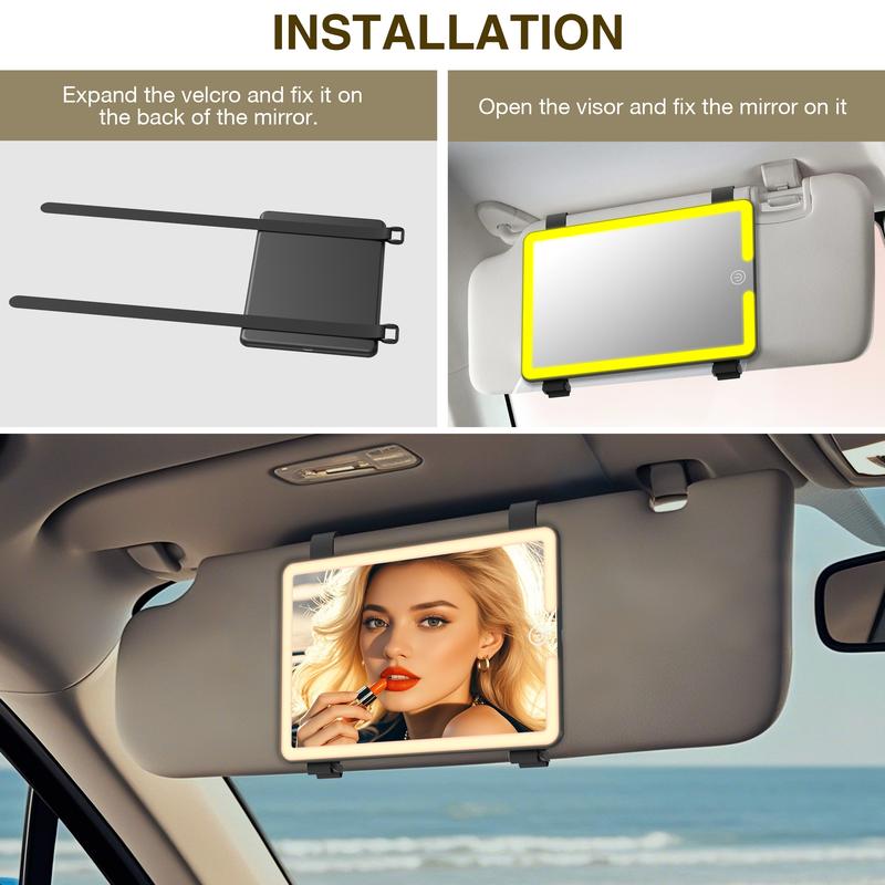 Type-C Rechargeable LED Mirror for Cars: Sun Visor Mount with 3 Light Settings and Touch Dimming