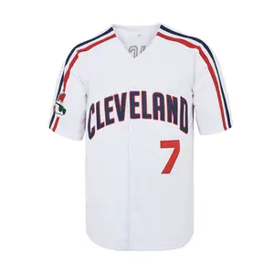 Cleveland Style #7 Baseball Jersey, Red & Blue Embroidered Stitched Uniform, Breathable Mesh Button-Up Shirt for Sports Fans & Streetwear Vintage Red & Blue Trimmed Uniform,