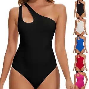 Women's Solid Ribbed One Shoulder Cutout Front Sleeveless Thong Bodysuit Backless Going Out Leotard Tank Tops, Lady Casual Soft Bodysuits For Daily Wear Comfortable Ribbed Farbic Womenswear