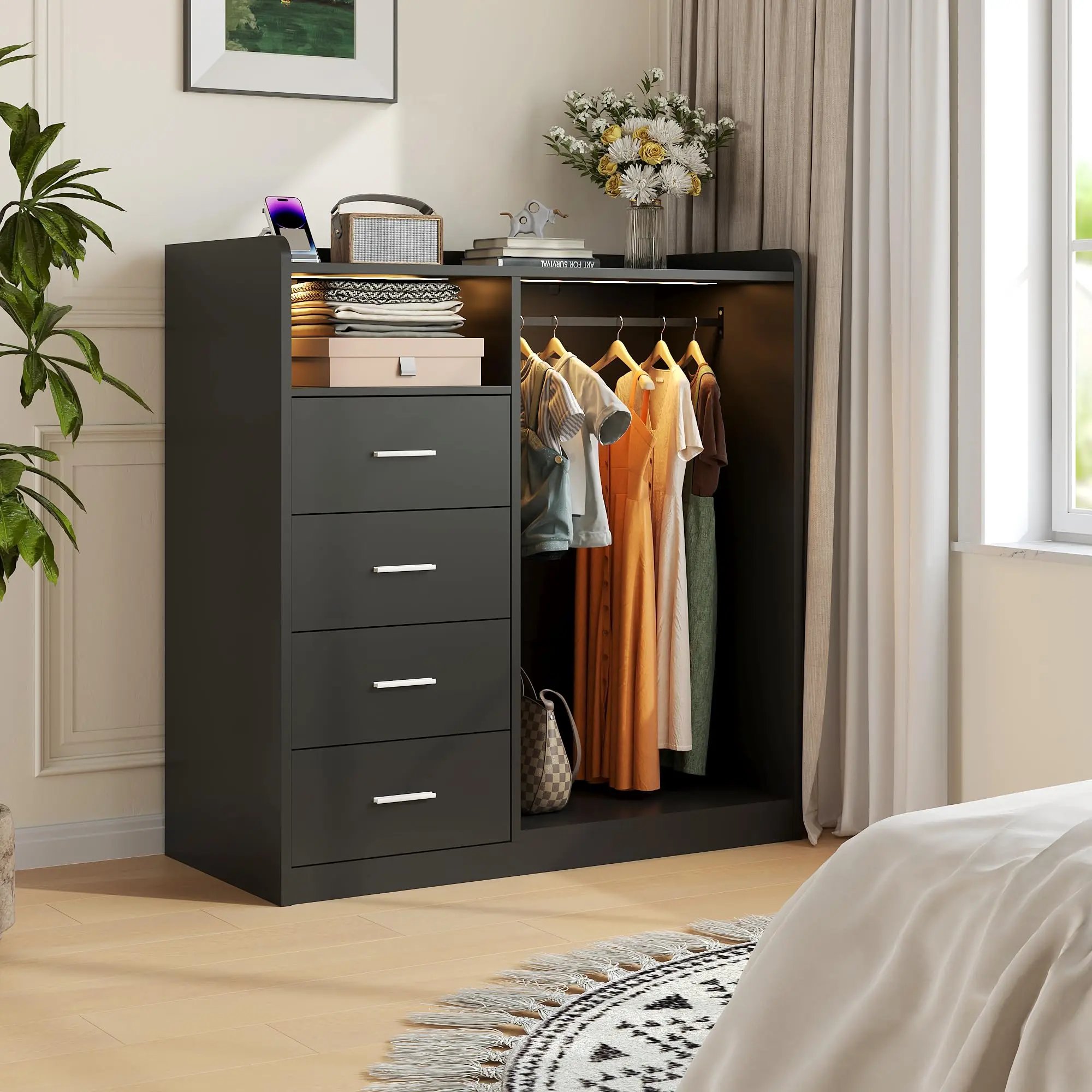 Minimalist 4-Drawer Wardrobe with Hanging Rack, LED Lights, Charging Station, Open Shelves & Extended Storage Solutions – Large Drawer Wardrobes for Bedroom, Dorm Room Small Space Organization