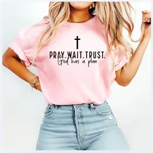 Pray Wait Trust God Has A Plan Christian T-Shirt , Inspirational Bible Verse Graphic Tee , Faith Based Apparel , Religious Gift for Women Men , Comfortable Casual Faith Shirt