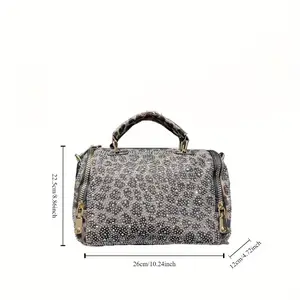 Women'S Elegant Leopard Print Rhinestone Tote Bag-Glamorous Diamond-Studded  Crossbody Bag with Detachable Strap, Zipper Closure, and Polyester Lining