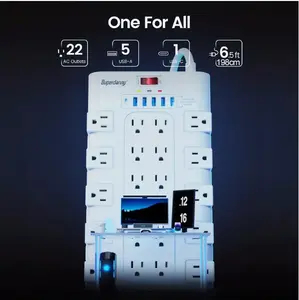 2100 Joules of Protection: SUPERDANNY Power Strip Surge Protector With 22 AC Outlets & 6 USB Charging Ports (Including 1 USB C Port) - 6.5Ft Mountable Flat Plug Extension Cord (1875W/15A) for Home, Office