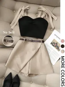Women's Two-Piece Pajama Set, Fitted Casual Top with Tie Straps, Plain Wrap Front Shorts, Comfortable Sleepwear for Women