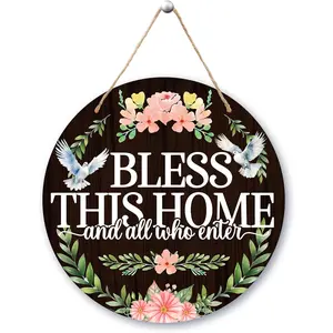 Welcome Door Sign, Bless This Home Front Door Decor, Christian Farmhouse Welcome Sign For Front Door Porch, Greenery And Floral Round Home Door Hanger Sign With Rope, Housewarming Gifts -23