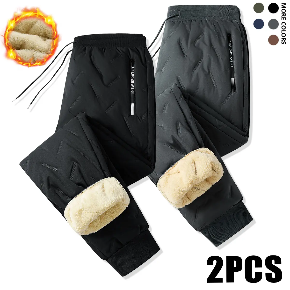 Men's 2-Pack Heavyweight Cotton-Lined Thermal Pants - Menswear, Mid-Calf, Cozy, Easy, Fashion, Black & Army Green, Multi-Size, Drawstring Waistband, Side Pockets, Cold-Resistant, Casual Wear for Office & Outdoor Activities, Mid-Calf Men's Pants