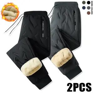 Men's 2-Pack Thermal Pants - Heavyweight Cotton-Lined Winter Trousers with Drawstring Waistband, Black Cold-Resistant Casual & Formal Wear with Side Pockets - Suitable for Office Work and Outdoor Activities