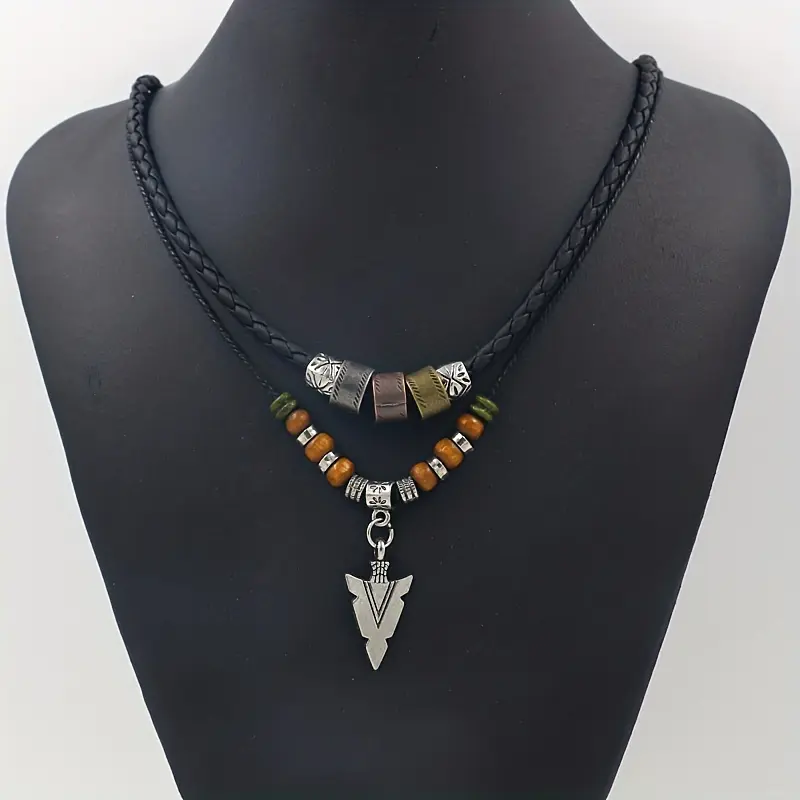 Men's Vintage Tribal Arrow Necklace - Long Layered Beaded PU Rope Cord, Casual Durable Male Costume Jewelry for Versatile Daily & Evening Wear, Pendant, Versatile Use, No