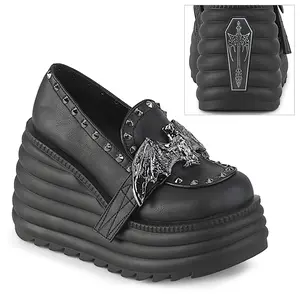 Demonia Women's Morte-56 Wedge Platform Loafer Shoe with Large Metal Bat