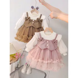 Spring Girl's Dress 2026 New Mesh Long Sleeve Spring Korean Style Fashion Solid Color Stylish Baby Girl Dress
