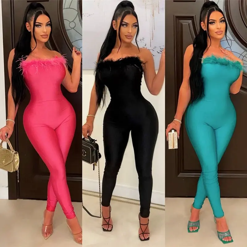 Feather Trim Solid Color Skinny Sleeveless Bodycon Bandage Tube Jumpsuit