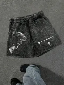 Jesus Cross Print Vintage Shorts, Casual Elastic Waist Drawstring Comfort Design, Summer Daily Sport Wear, Fitted Graphic Shorts, Fitness Shorts